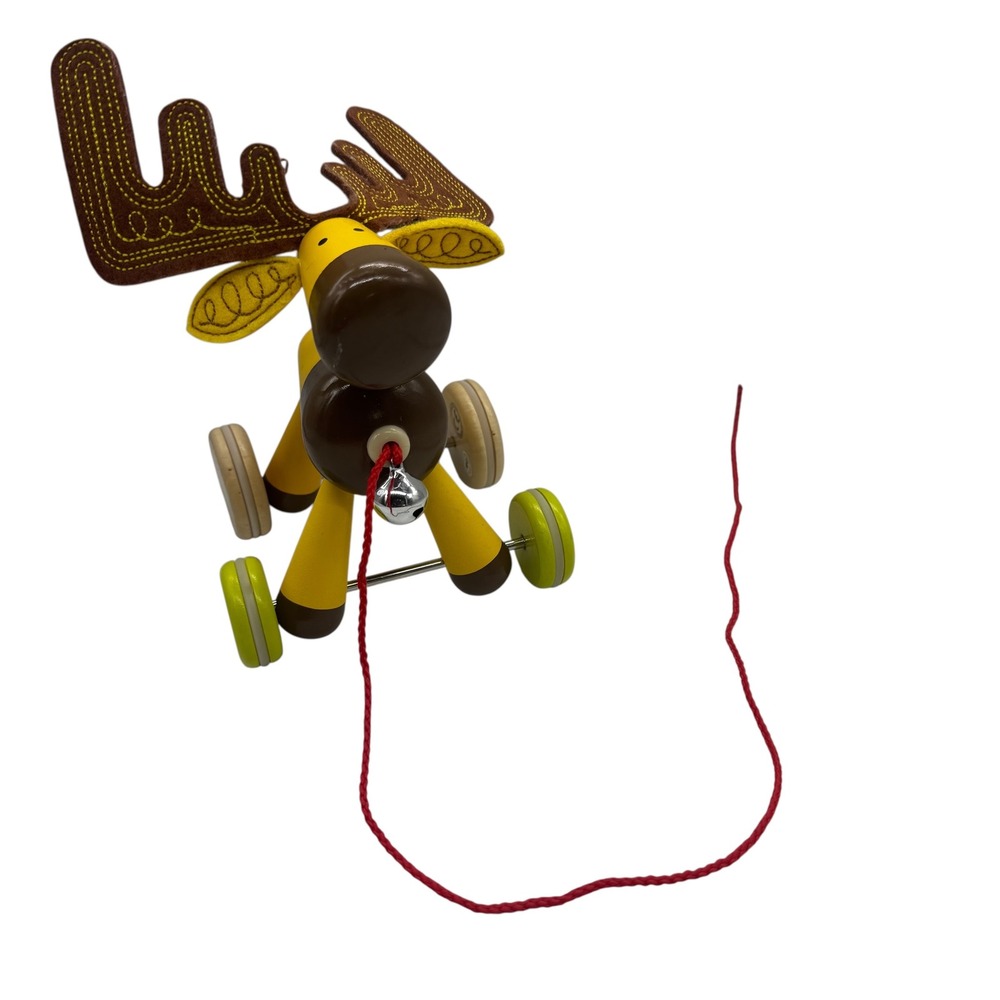 Janod Zigolos Moose Wooden Pull Toy J08190 Yellow Brown Reindeer Bell 8"